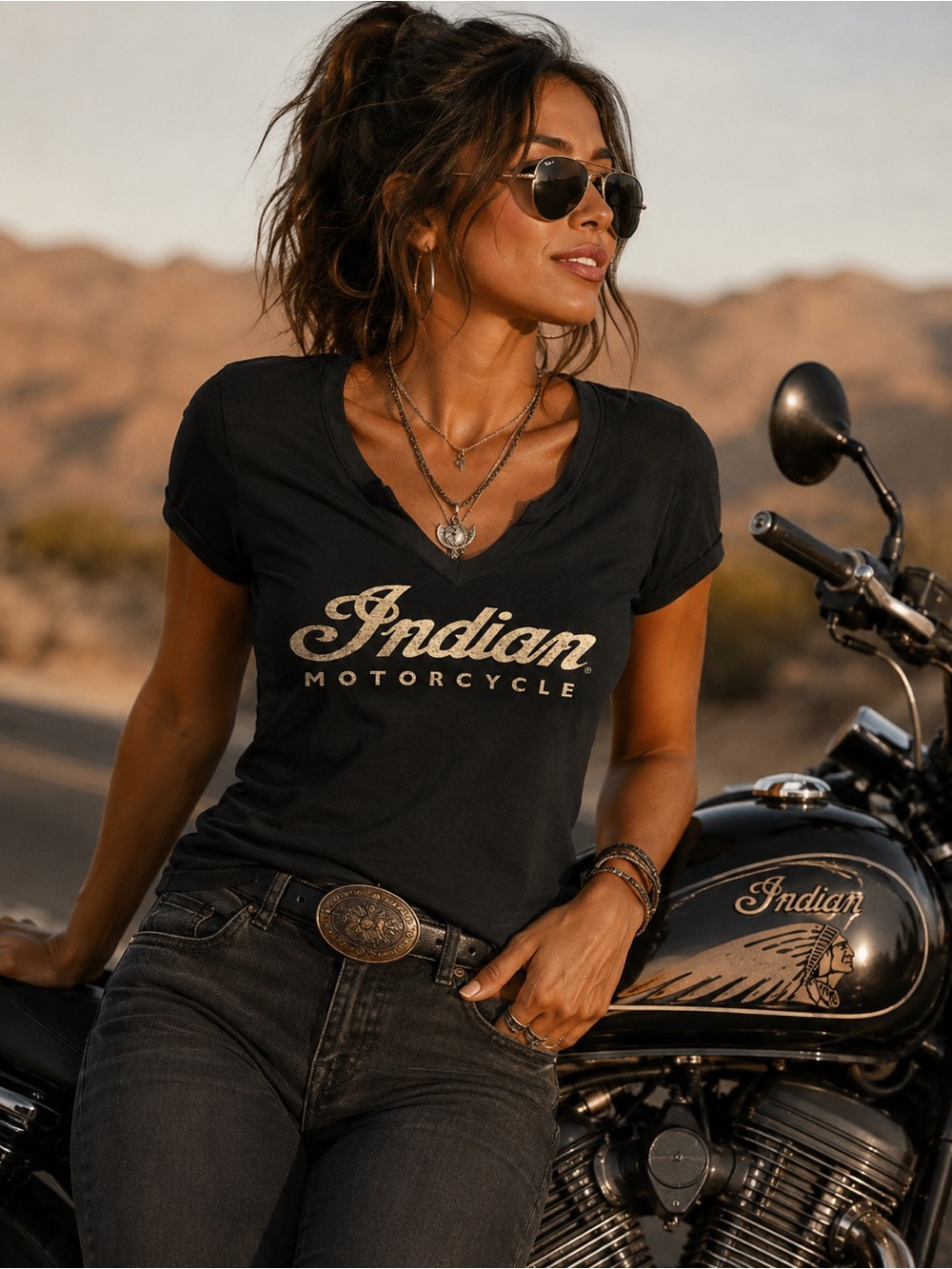 Indian Motorcycle Women's Black Logo V‑Neck Tee